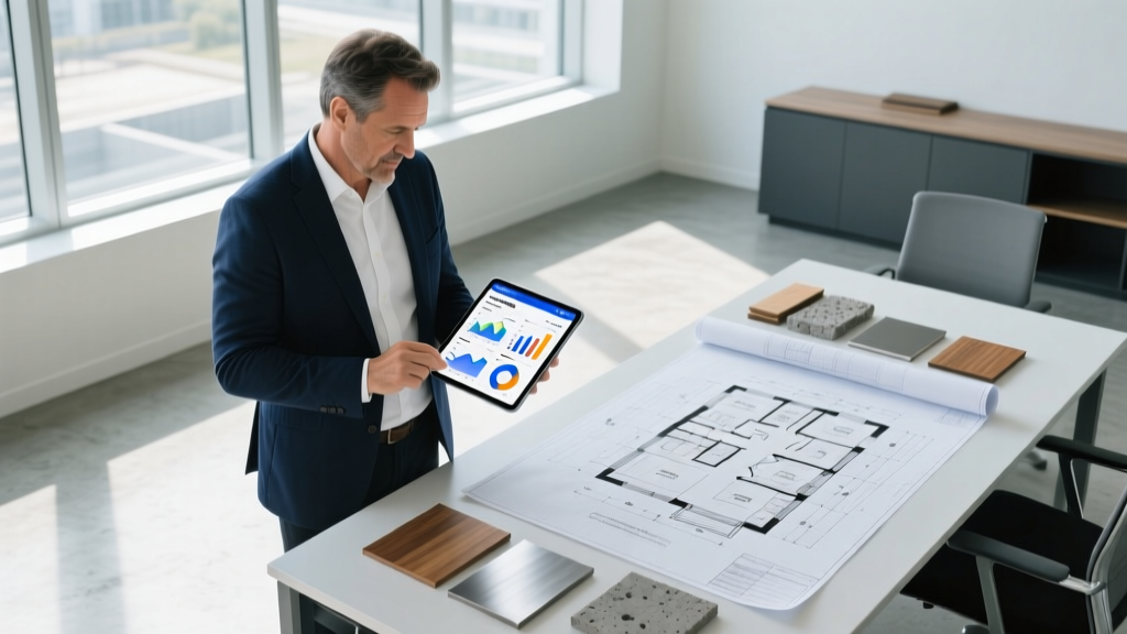 Modern construction company owner reviewing website migration cost analysis on a tablet next to architectural blueprints and material samples