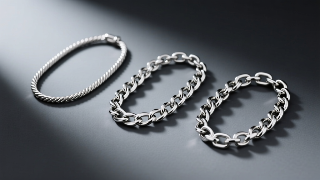Three silver chain styles including a 3mm rope chain, a 4mm curb chain, and a figaro chain displayed on a dark grey background