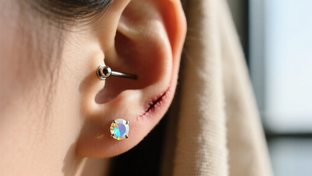 Profile of a healed tragus piercing with a titanium threadless labret and 3mm opal gemstone resting cleanly against the skin.
