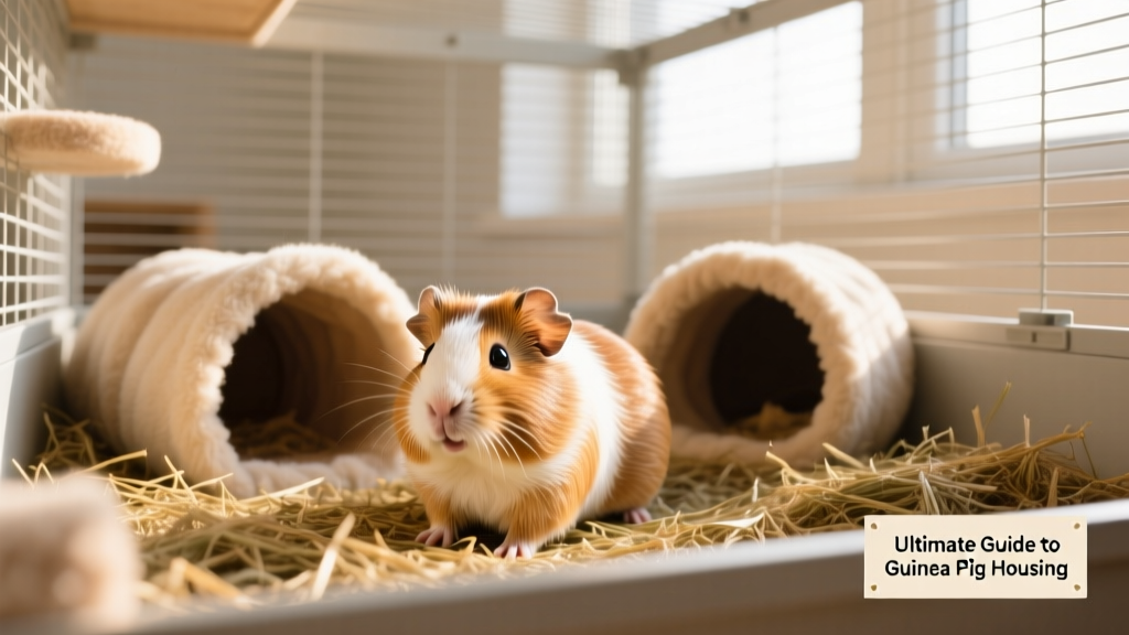 Guinea pig happily exploring a spacious, fleece-lined C&C cage with tunnels and hay