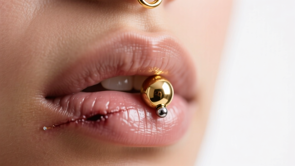 Close-up of a healed lip piercing featuring a 16-gauge titanium captive bead ring with a gold finish under soft studio lighting