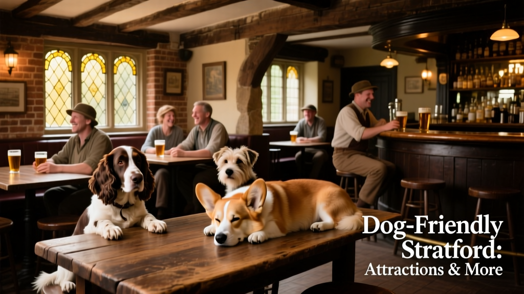 Cozy interior of a Stratford pub with dogs resting under tables and owners enjoying drinks