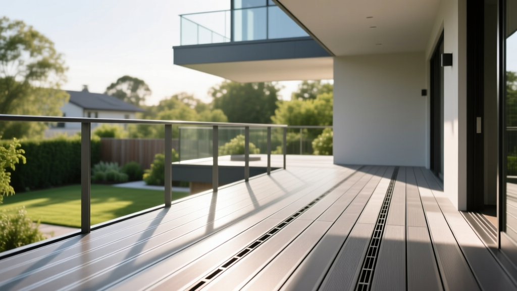 Extruded aluminum decking planks with interlocking waterproof channels installed on a modern second-story balcony overlooking a backyard
