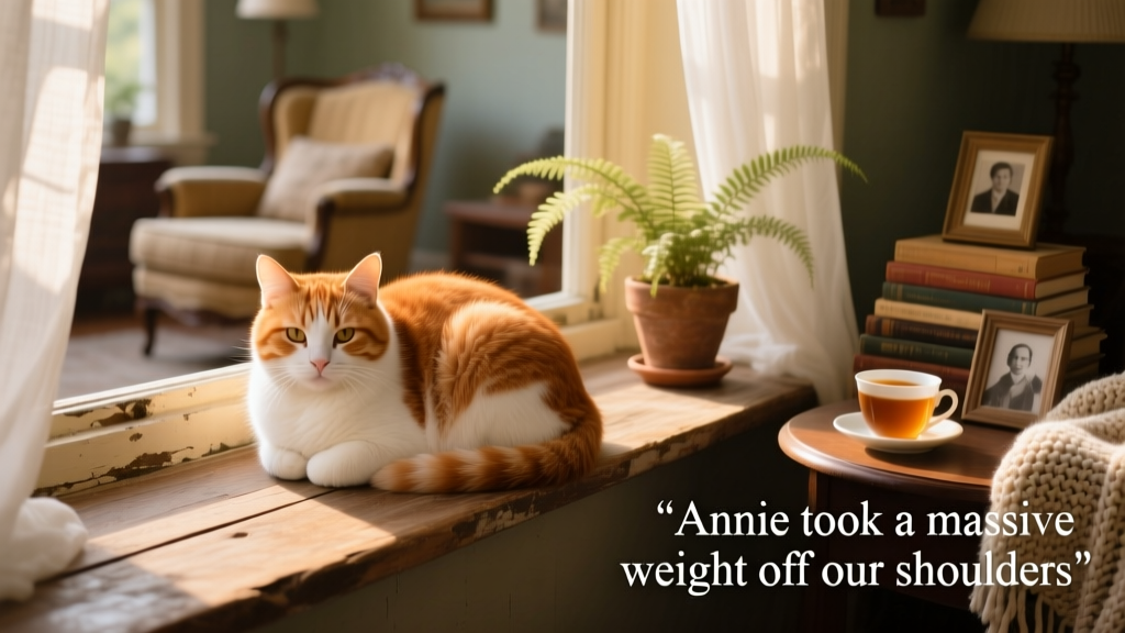 A relaxed ginger-and-white cat curled up on a sunlit windowsill in a cozy living room