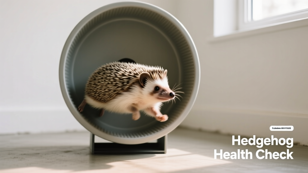 A hedgehog running on a quiet, solid-surface exercise wheel inside a clean, well-lit enclosure