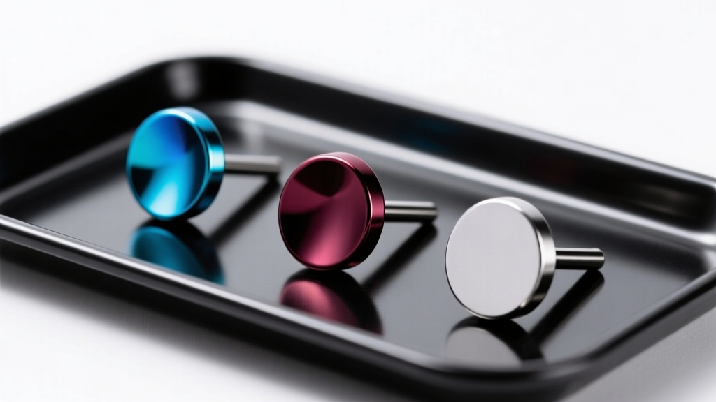 Three implant-grade titanium flat-back labrets with anodized finishes on a sterile black medical tray under bright studio light
