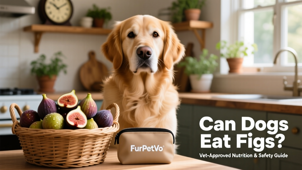 A calm, happy dog sitting beside an open basket of fresh figs and a FurPetVo-branded treat pouch