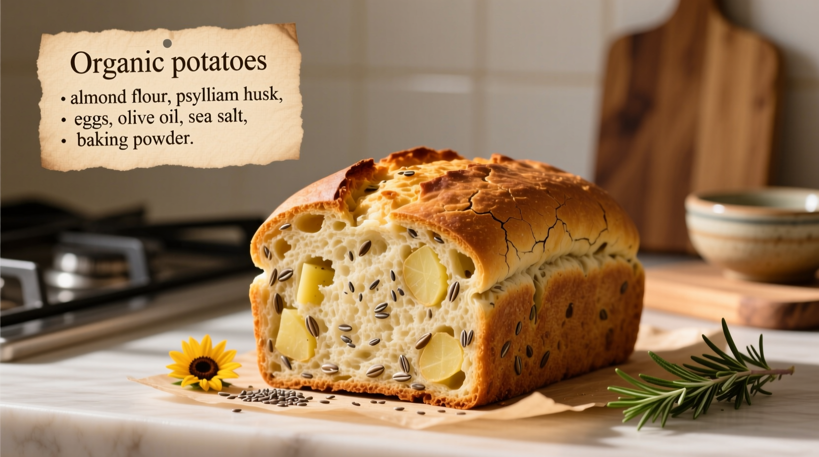 Gluten-free potato bread loaf with ingredients