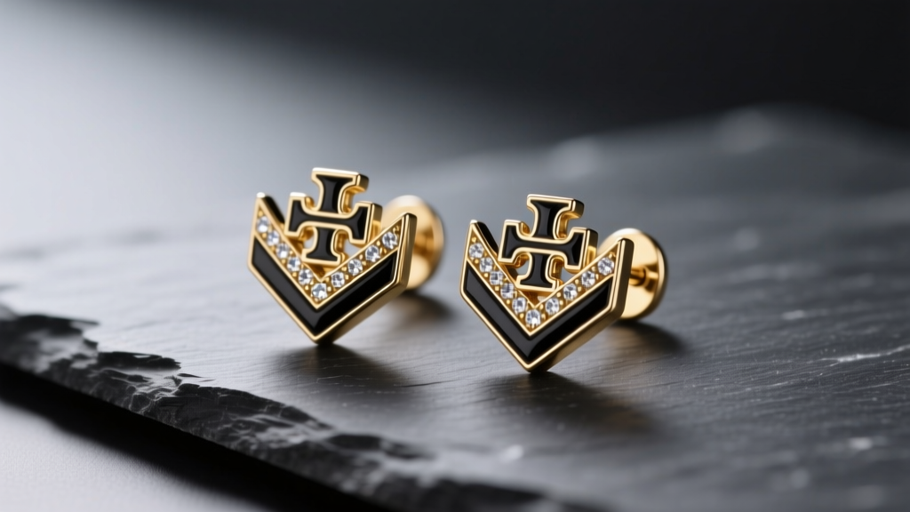 Gold-plated Tory Burch Kira chevron earrings resting on dark slate, highlighting the black enamel inlay and crystal pavé details.