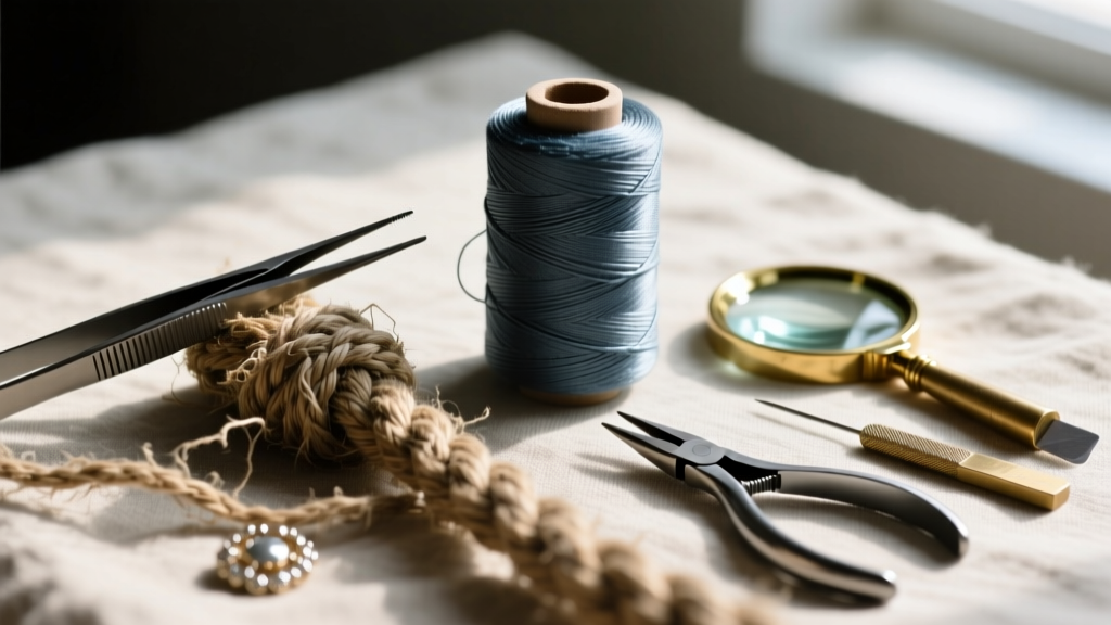 Macro shot of a frayed hemp cord next to a spool of marine-grade waxed polyester thread, highlighting jewelry repair tools