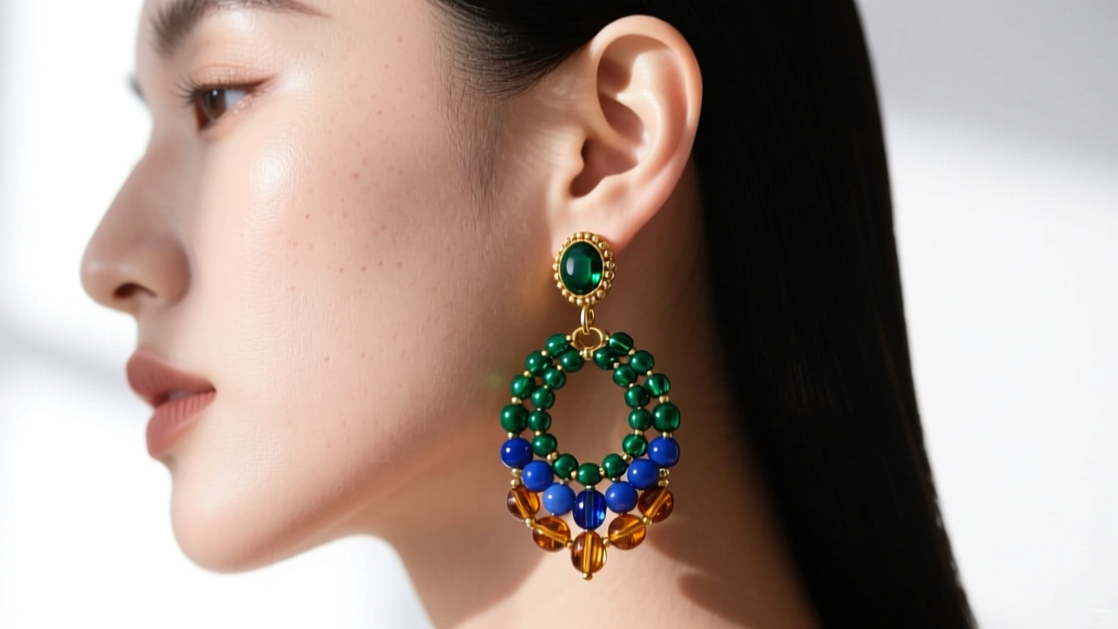 Earlobe wearing a heavy beaded purse earring, showing slight downward tension on the skin under bright natural window light.