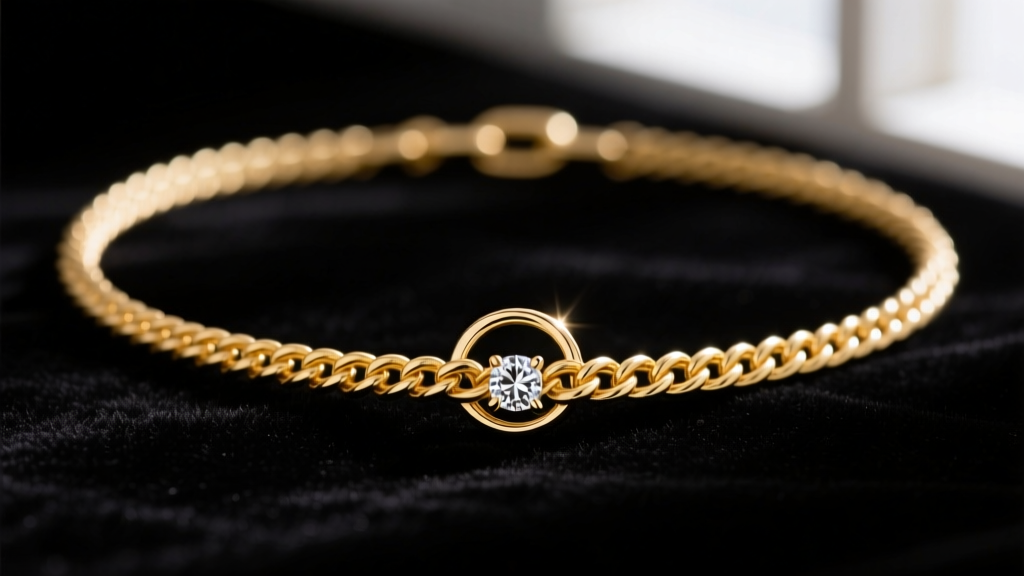 Delicate 14k yellow gold rope chain lariat threaded through a small diamond sliding ring, macro photography on black velvet