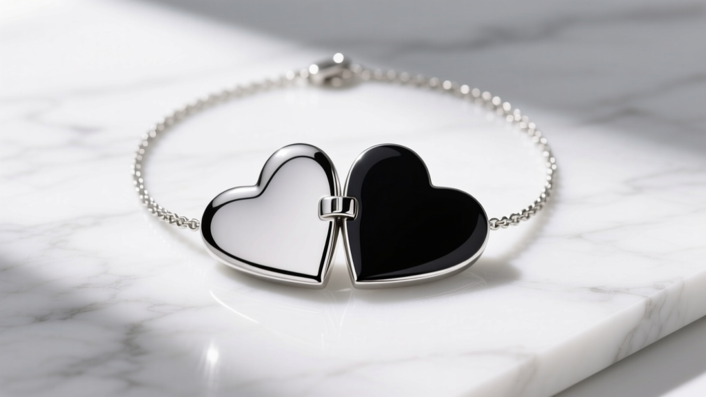Flat lay of a Brighton reversible heart necklace on white marble, showing one polished silver side and one black enamel side