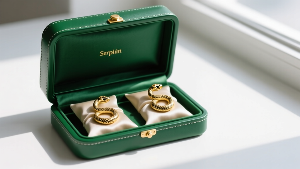 Open green leather box with Serpenti earrings stored in microfiber pouches to prevent surface gold scratches and scale snagging.