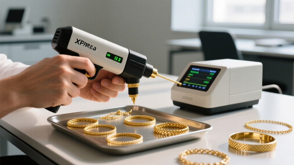 Close-up of hands using an XRF spectrometer gun to test the karat purity of a bulk tray of dainty gold chain bracelets on a desk