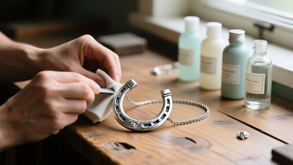 Hands using a microfiber cloth to polish a tarnished silver horseshoe necklace on a wooden desk with cleaning bottles nearby.