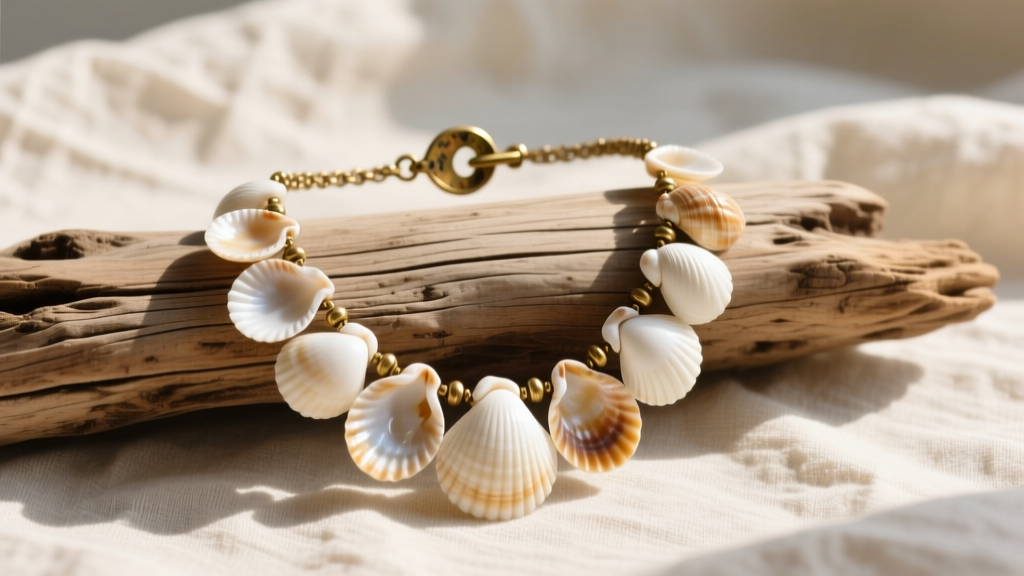 A 1970s vintage shell necklace with puka shells and a tarnished brass clasp resting on weathered driftwood and raw linen fabric