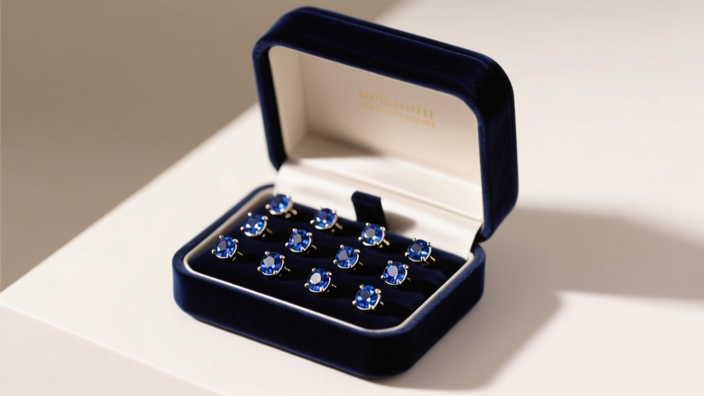 Velvet gift box displaying 16-gauge titanium threadless flat back earrings with bezel sapphires under warm studio lighting.