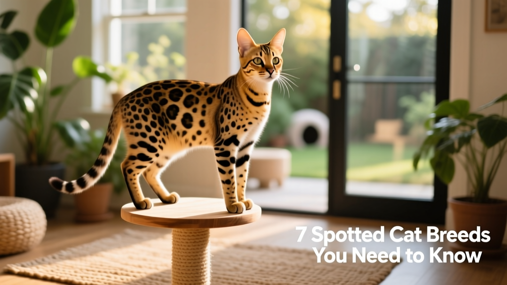 Savannah cat standing tall on a cat tree, ears alert and spots clearly visible in natural light