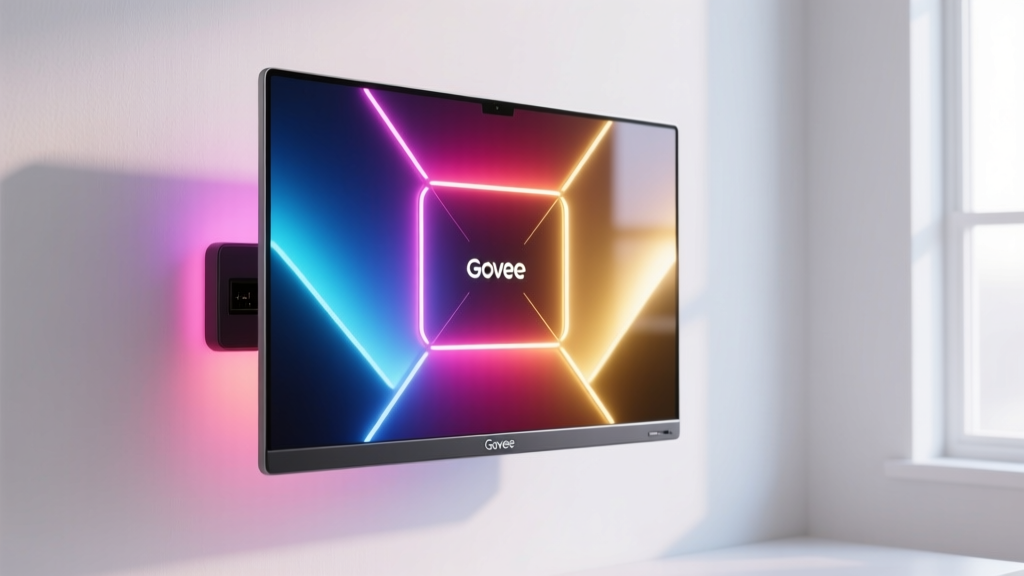 Side profile of 32-inch monitor with Govee Hexa Pro panels mounted behind screen casting colorful bias lighting on a white wall
