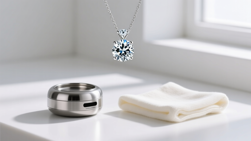 A small stainless steel ultrasonic jewelry cleaner sitting beside a folded microfiber cloth and a diamond solitaire pendant