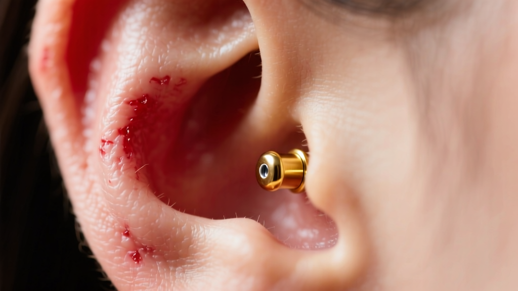 Macro shot of a swollen ear helix piercing where a short 6mm gold labret stud is slightly embedding into red, irritated tissue.