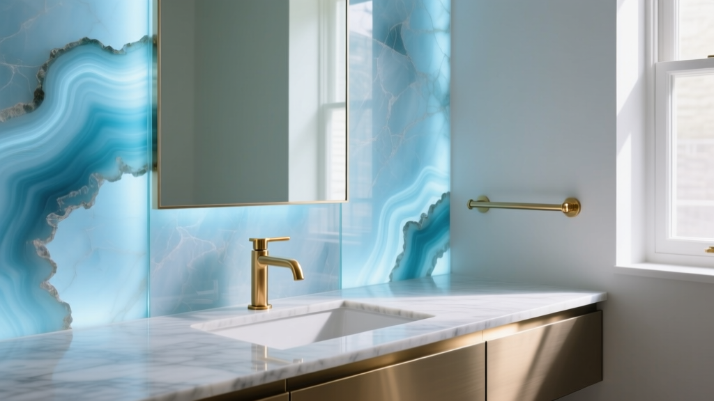 Backlit blue agate gemstone stone veneer panels glowing softly behind a modern luxury bathroom vanity with brass fixtures.