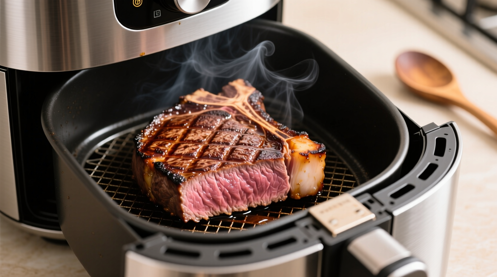 Perfectly cooked medium-well steak in air fryer basket