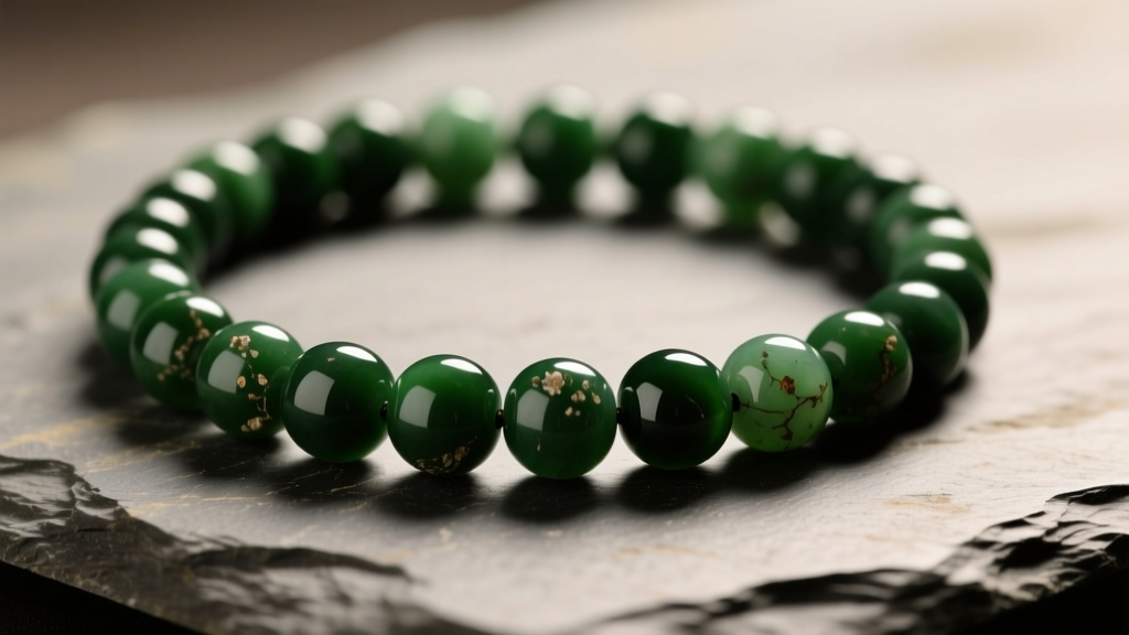 Macro shot of a dark green nephrite bead necklace on slate, soft lighting revealing its waxy luster and natural inclusions.