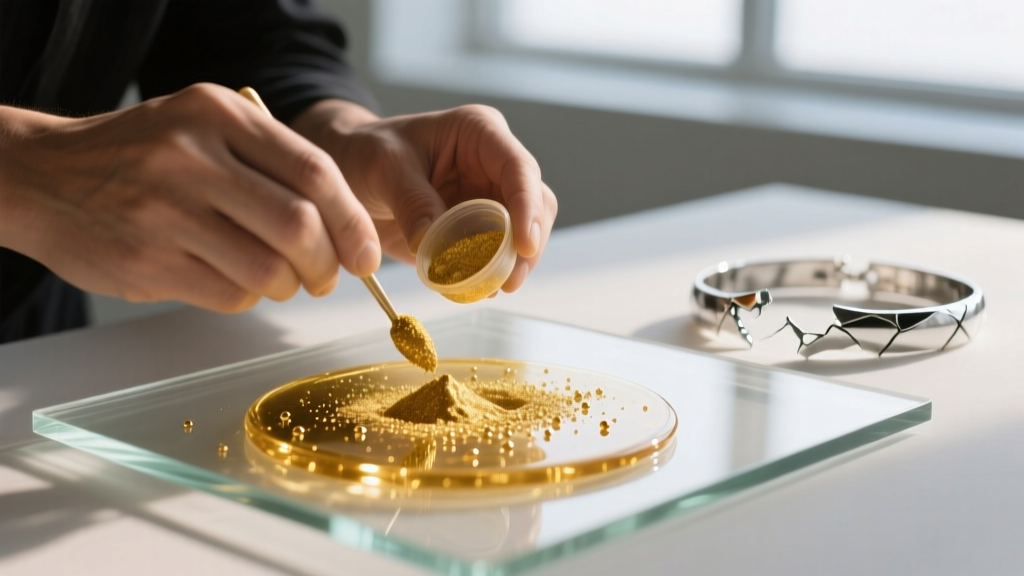 Artisan mixing 23k gold powder with epoxy on a glass palette, a fractured silver bracelet visible in the soft blurred background.