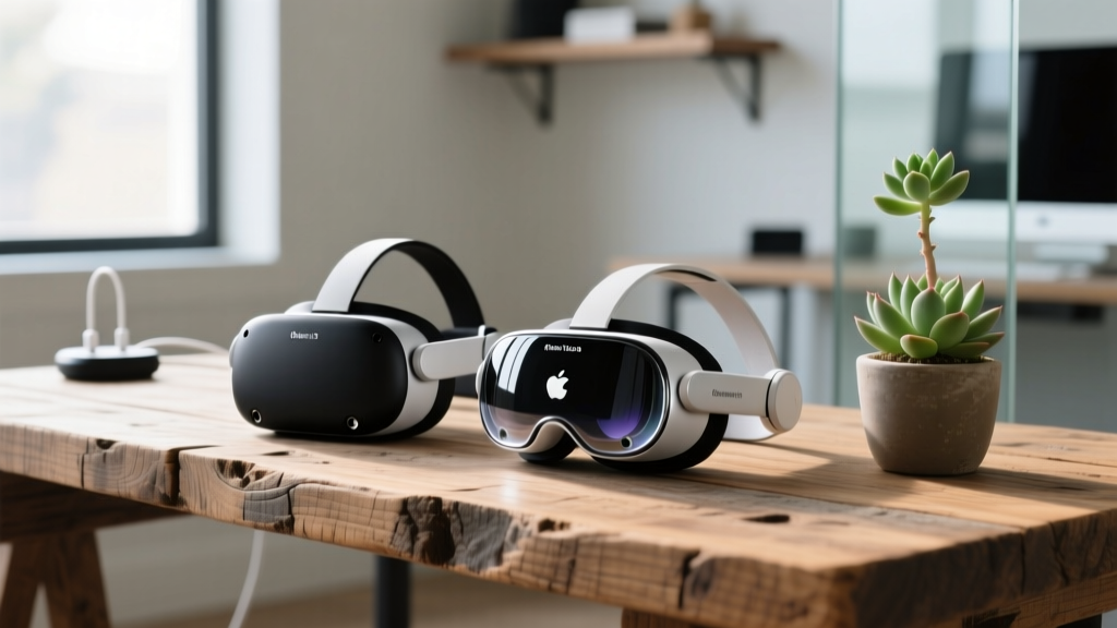 Meta Quest 3 and Apple Vision Pro headsets resting on a desk made from reclaimed barn wood next to a small potted succulent plant
