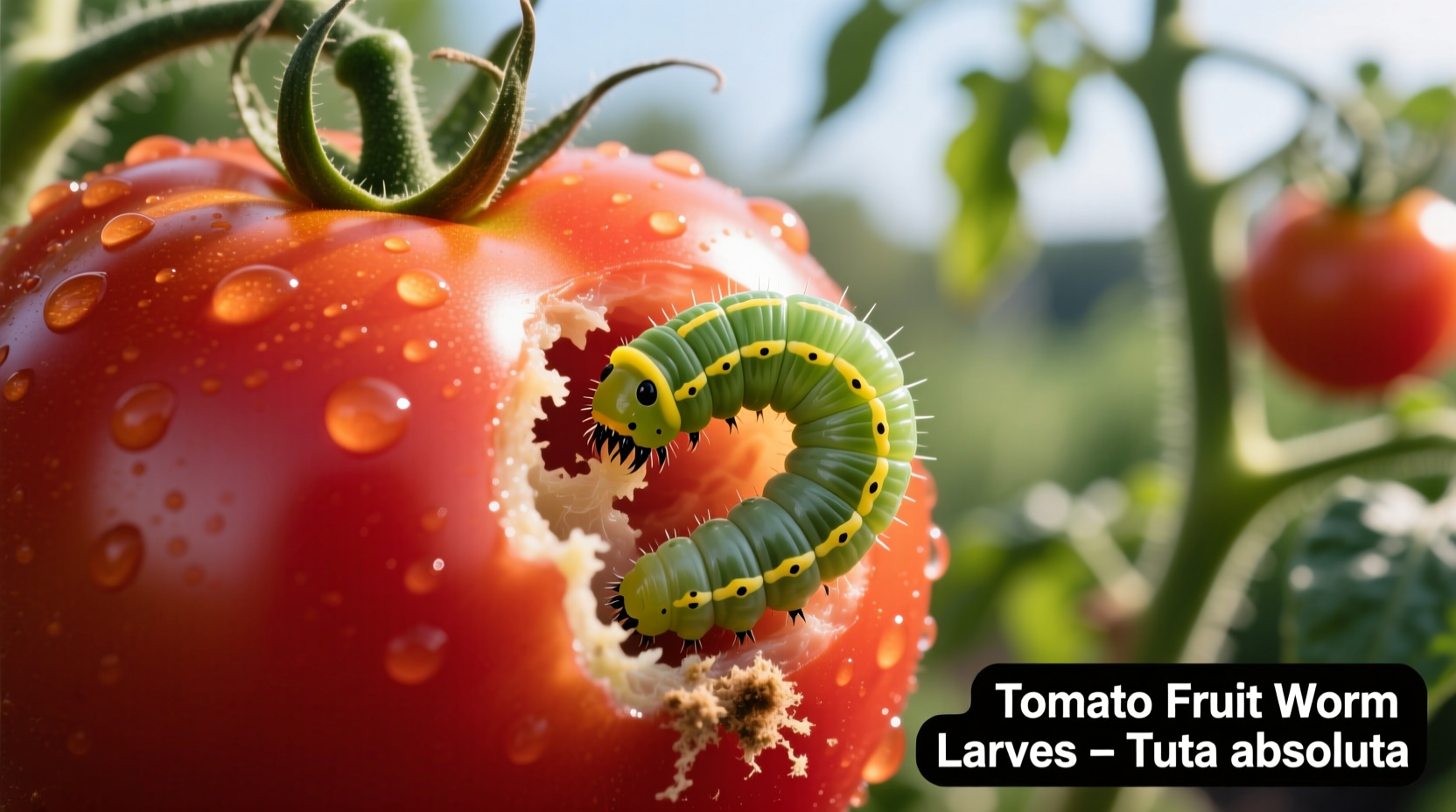 Tomato fruit worm larvae feeding on ripe tomato