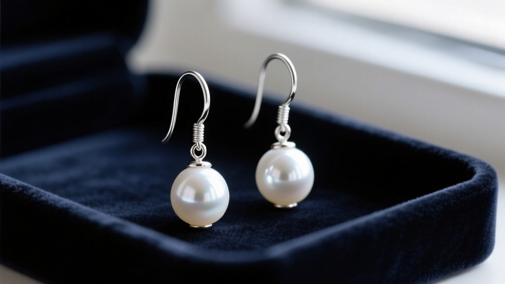 Close-up of Brighton sterling silver drop earrings with lustrous white freshwater pearls resting on a dark velvet jewelry tray