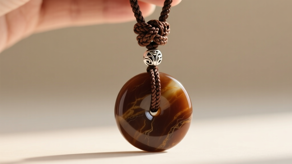 Heavy brown jade pendant on knotted silk cord with sterling silver bail, highlighting traditional hand-knotting technique.
