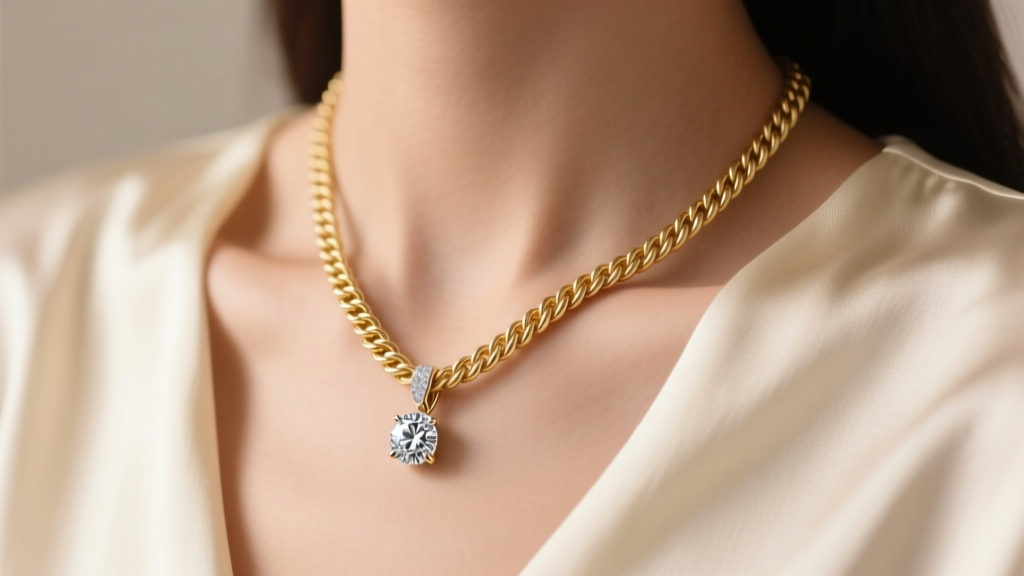 Close-up of a 17-inch 14k gold rope chain with a diamond pendant resting on a collarbone against a cream silk blouse.