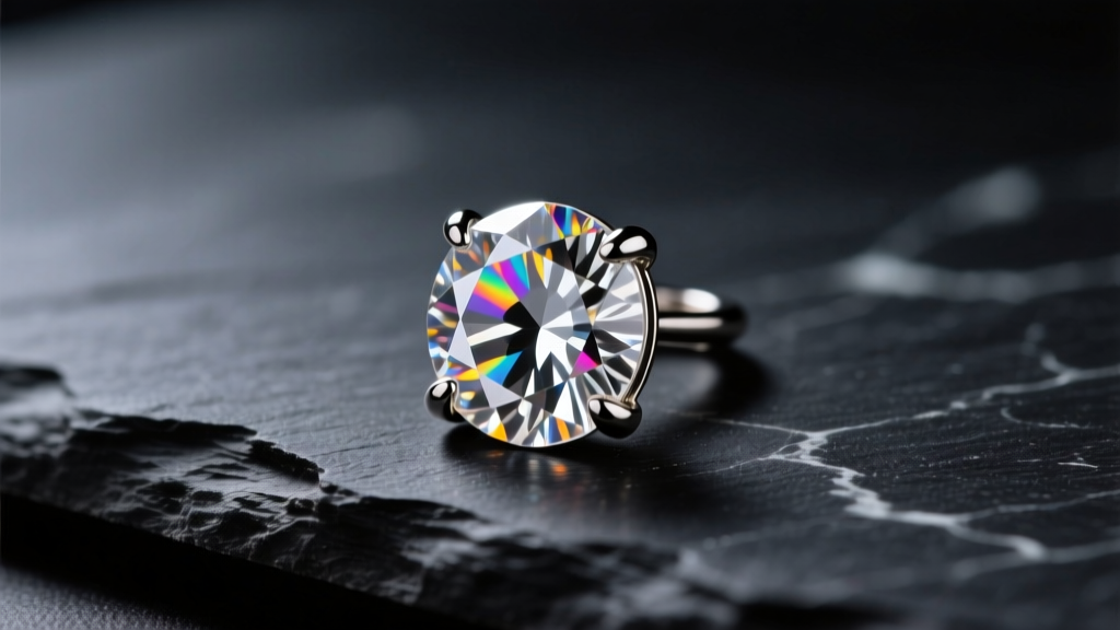 Macro shot of a 3-carat round brilliant moissanite earring in a four-prong martini setting, resting on a dark slate surface