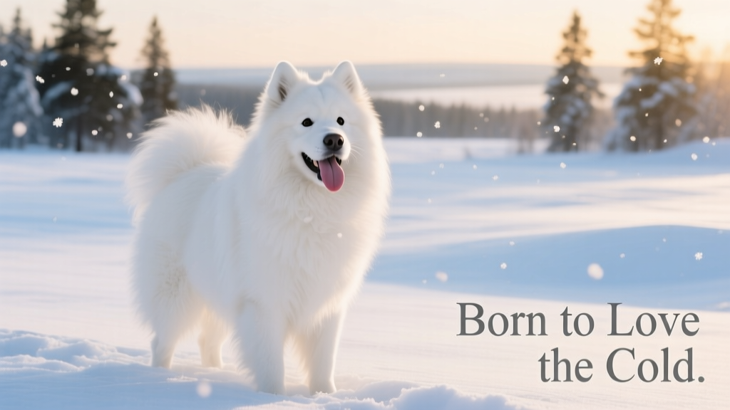 A white Samoyed sitting happily in a snowy field, tongue out and eyes bright