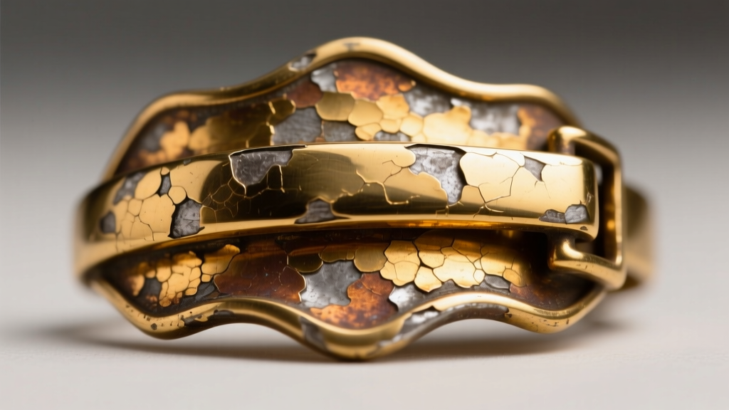 Close-up of a worn Vendome vintage jewelry clasp revealing underlying brass base metal beneath fading gold electroplating layers