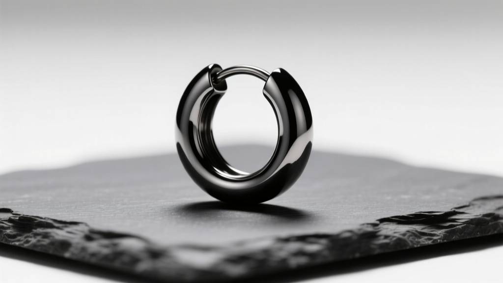 Macro shot of a 16-gauge black PVD-coated titanium huggie hoop earring resting on matte charcoal slate under soft studio lighting