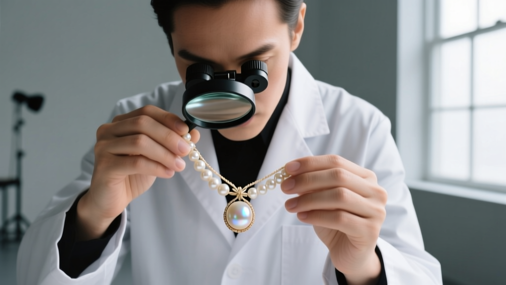 A jeweler using a 10x loupe to inspect the drill hole and silk knotting of a cream-colored antique natural pearl necklace.