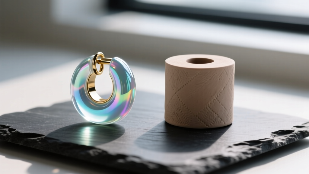 Macro shot comparing a glossy UV resin toilet paper earring beside a matte polymer clay version on a dark slate surface