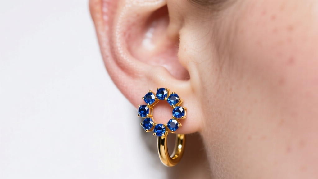 Close-up of an ear wearing a 14k yellow gold huggie earring set with vivid blue sapphires, illuminated by soft studio lighting.
