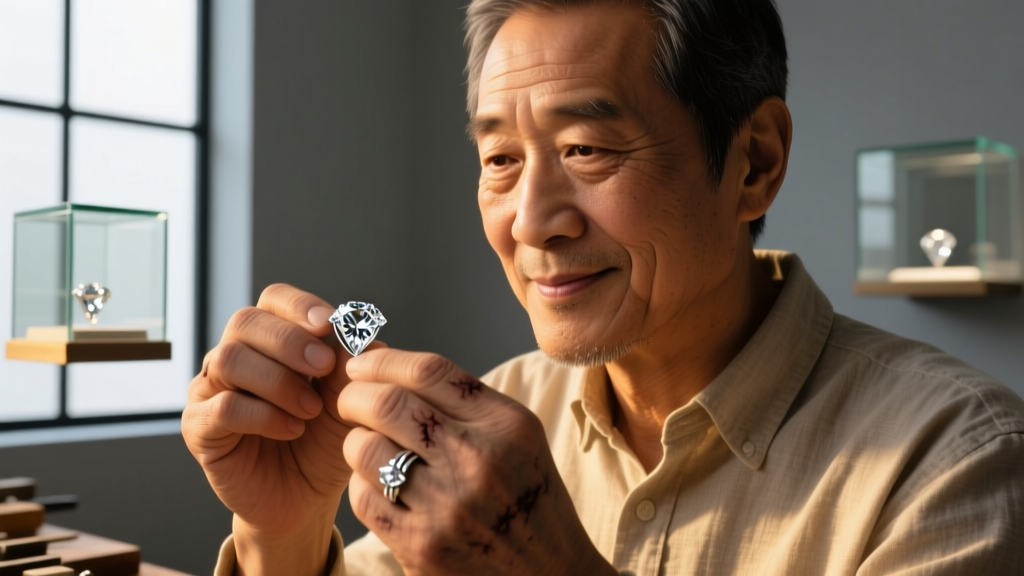 Close-up of a jeweler's loupe examining a silver rope cross necklace clasp, revealing the solder joint and clear 925 hallmark stamp.