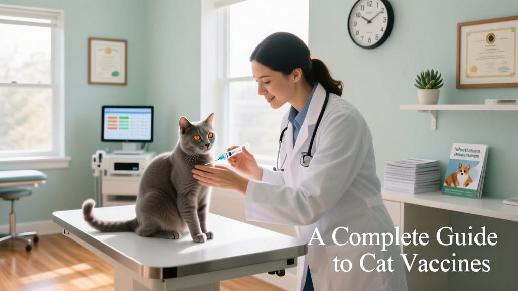 Veterinarian gently administering a vaccine to a relaxed adult cat in a clean exam room