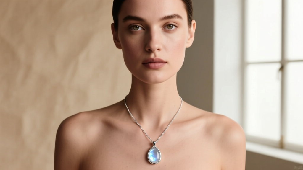 Model wearing a delicate sterling silver drop necklace with a teardrop moonstone pendant, soft studio lighting, neutral background