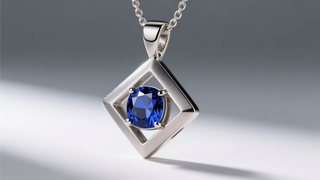 Side profile of a tension-set titanium necklace pendant holding a sapphire, highlighting brushed finish and stone alignment.