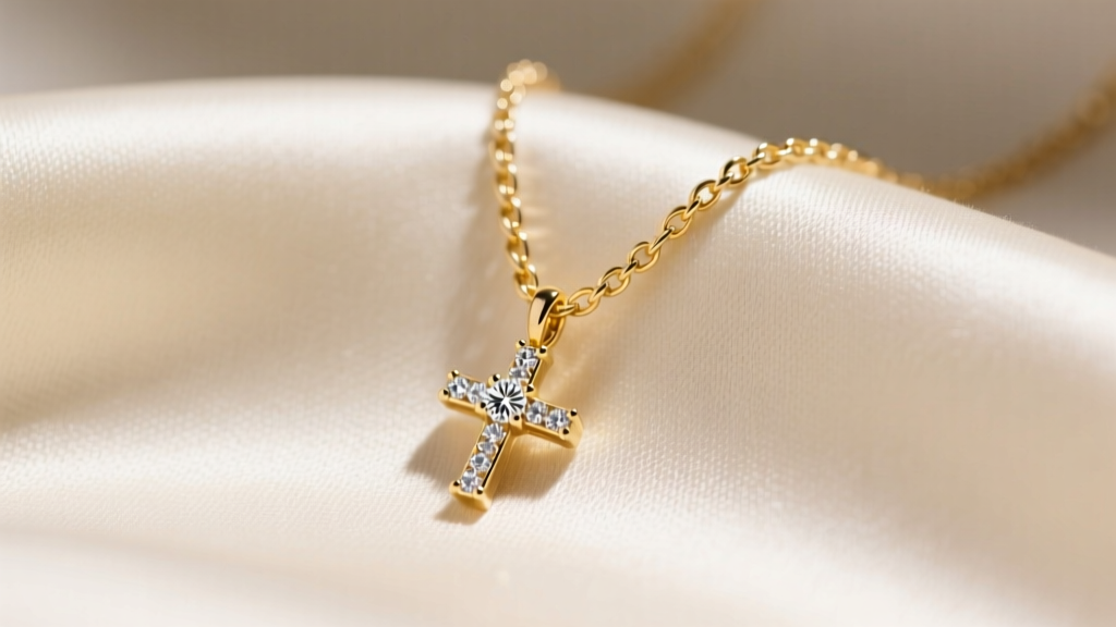 Close-up of a delicate 14k yellow gold chain holding a 10mm petite diamond cross necklace, resting on a soft cream silk fabric.