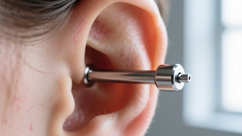 Close-up of a 14-gauge implant-grade titanium industrial barbell piercing resting on the upper cartilage ridge of a human ear.
