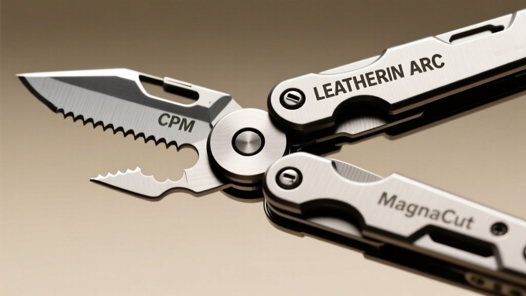 Close-up of deployed Leatherman ARC multi-tool highlighting CPM MagnaCut steel blade and titanium handles