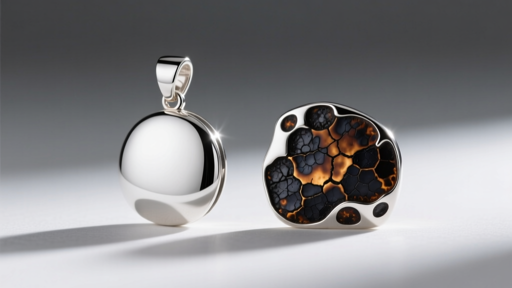 Macro shot comparing a pristine fine silver pendant base next to an oxidized sterling piece showing dark firescale patches